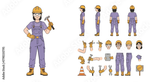Female Construction Worker Character Concept with Different Poses and Equipment