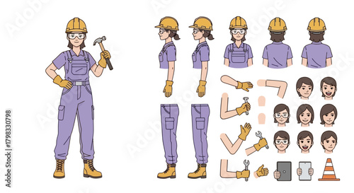 Animated Female Construction Worker Character Design Set with Poses and Expressions