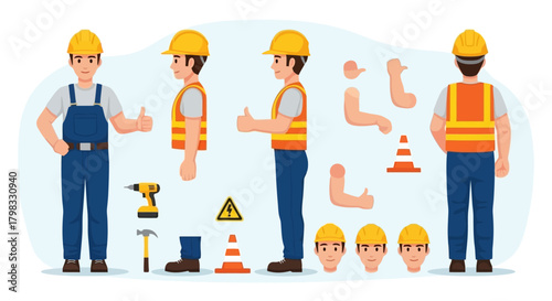 Cartoon Construction Worker Character Set with Safety Gear and Tools
