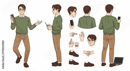 Illustration of a Man in Casual Attire Holding a Phone