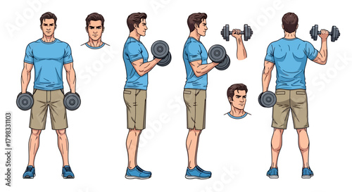 Man Working Out Biceps With Dumbbells in Various Poses