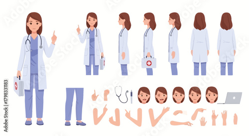Female Doctor Character Sheet with Poses and Customizable Elements for Design
