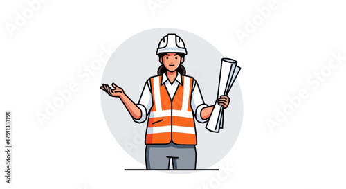 Woman Architect With Blueprint Rolls Gesturing and Wearing Safety Vest