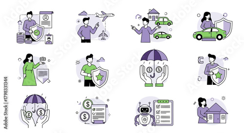 Insurance coverage and protection vector icons set for accident, travel, car, health, home safety