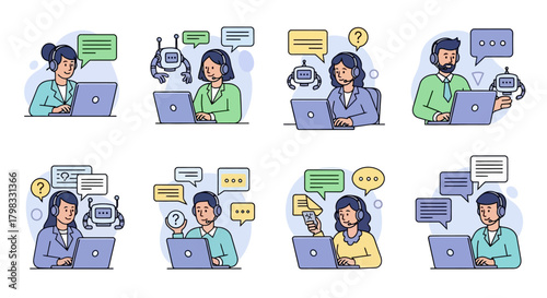 Customer Service Agents with Chatbots Online Support Vector Icons