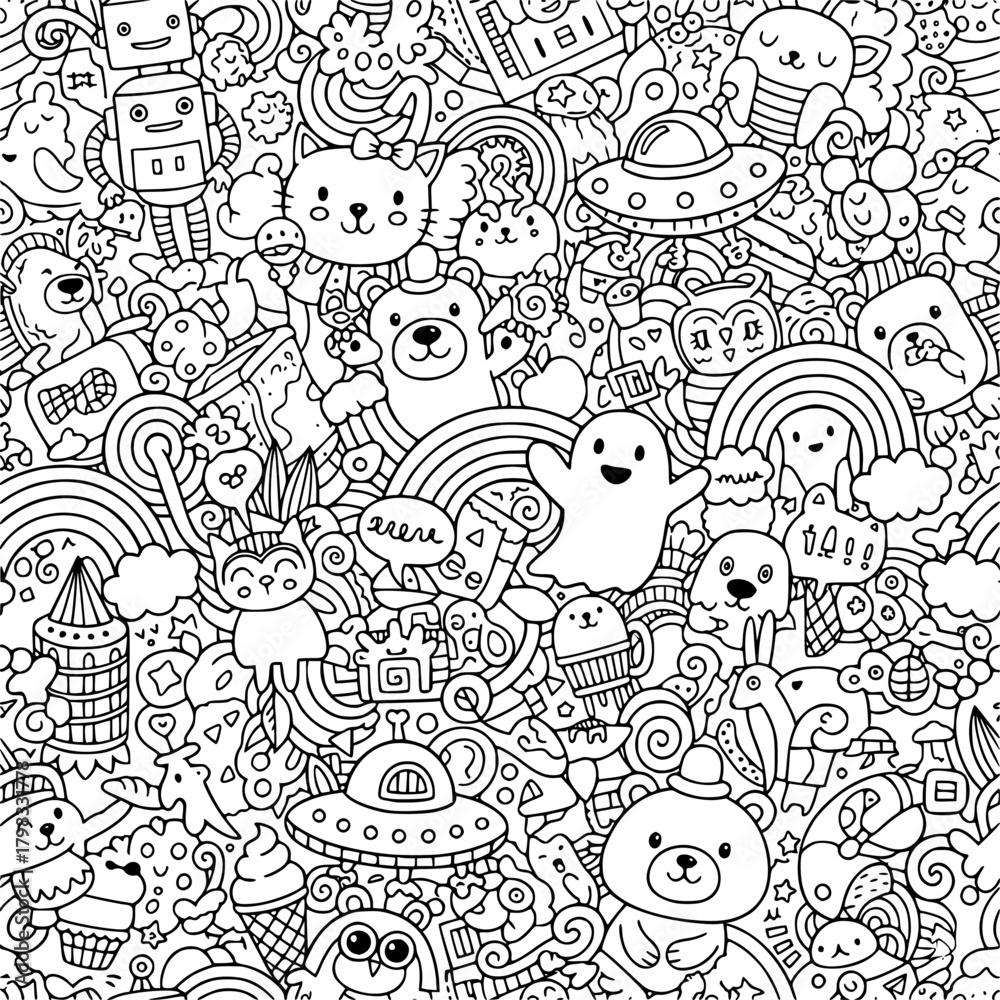 Fototapeta premium Whimsical Doodle Chaos robots and fun objects. Perfect for kids' products, prints, packaging, and wallpaper.