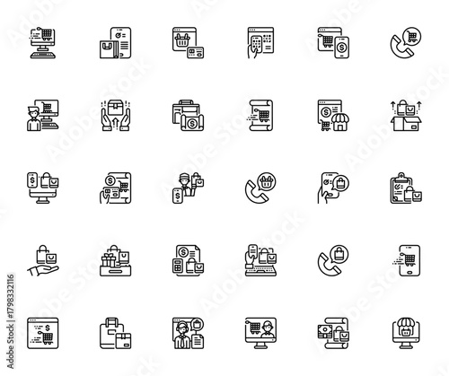 Shopping and E-commerce icon set. Vector illustratio. Includes symbols for onlne shopping, payment, deliery, QR code, smartphone, nline store and more. Editble stroke.