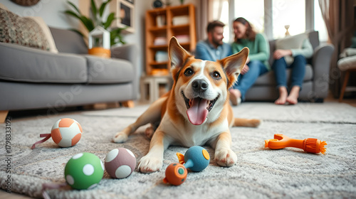 Happy dog playing with toys indoors during a cozy afternoon at home with family members nearby
