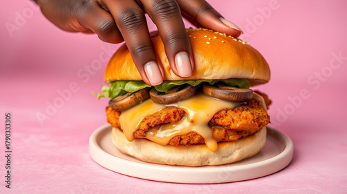 A black woman's hand placing a hand on a crispy chicken burger with mushroom and melting cheese. Fast food concept on a pink and white background for menu.