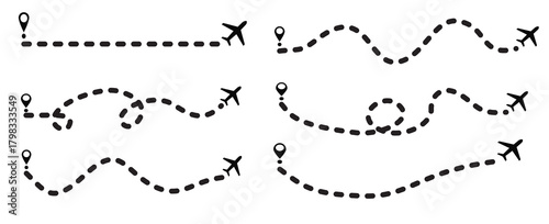 Vector illustration of an airplane with a dotted line indicating its flight path. Location markers, map, winding, straight, curved.