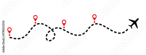 Vector illustration of an airplane with a dotted line indicating its flight path. Location markers, map, winding, straight, curved.