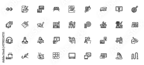 Hobbies icon set. Vector illustration. Includes symbls for gaming, cooking, yoa, music, painting, readin, meditation, sports and mre. Editable stroke.