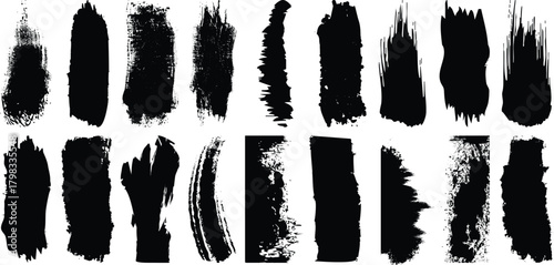 Collection of diverse black paint brush strokes and textures on a white background