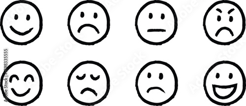 Collection of hand drawn cartoon faces showing a variety of emotions and expressions on a white background