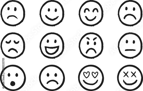 Collection of hand drawn smiley faces expressing a variety of emotions and feelings