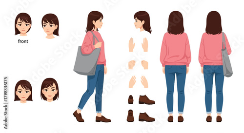 Full Body Illustration of a Young Woman with Pink Sweater and Tote Bag