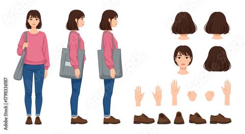 Illustration of a Young Woman in Different Views and Body Parts