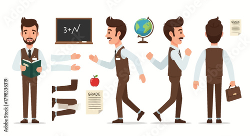 Teacher character design with school items and animated body parts