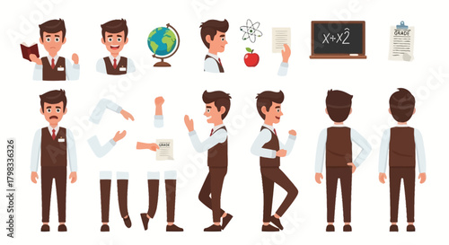 Animated School Teacher Character Set with Physics Equations and Earth Globe