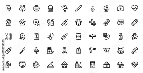 Veterinary icon set. Pet care vector illustrations. ncludes symbols for dog, ct, hamster, stethoscope, vccine, syringe, paw, bone nd more. Editable stroke.