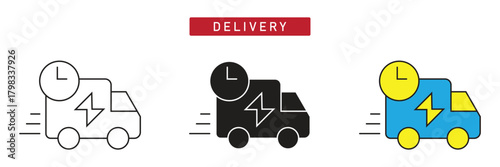 Fast Delivery Icon: Speed Truck with Clock and Lightning Symbol, Quick Shipping Service.