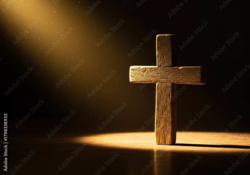 Naklejka premium Ancient wooden cross artifact resting in a shaft of golden morning light, symbolizing spiritual faith, hope, and sacred reverence ,artifact ,relic ,wood