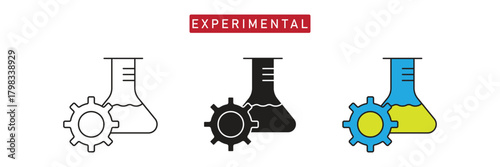 Experimental Science Icon: Conical Flask and Gear Symbol, Laboratory Research Technology.