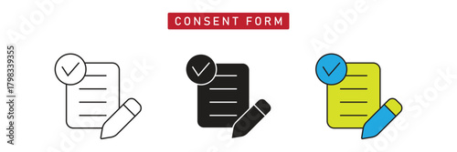 Consent Form Icon: Signed Document with Pencil and Checkmark, Legal Approval Symbol.