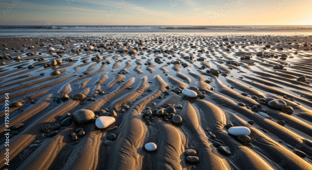 Fototapeta premium Low angle shot of a sandy beach with wet sand and scattered rocks, reflecting the soft light of the setting sun over the ocean