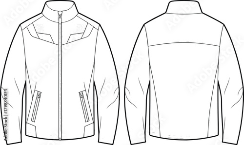 Modern men’s jacket technical flat sketch, stylish outerwear CAD drawing, fashion design vector template for apparel designers and illustrators