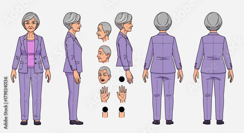 Character design sheet for an elderly woman in a purple suit, showing front, side, and back views, along with facial expressions and hand poses.