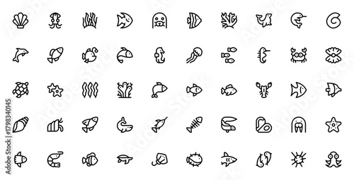 Sea life icon set. Vector marine animal collection. ncludes seashell, squid, saweed, fish, seal, dolphin shark, whale, octopus, tutle, crab, jellyfish and mre.