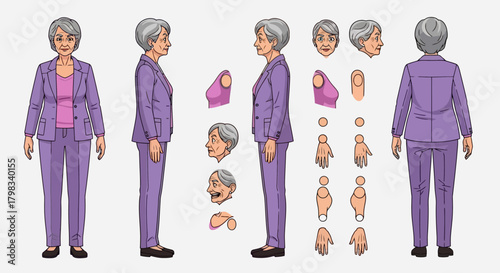 Elderly woman character model sheet with front, side, and back views for animation or game design.