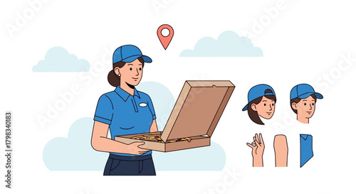 Pizza delivery woman with box and location pin, with additional elements for customization.