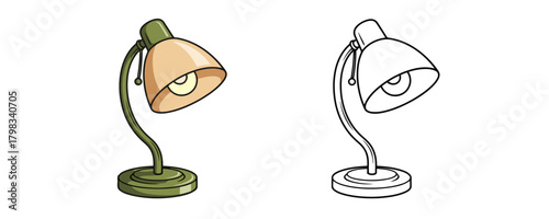 Retro style adjustable desk lamp in green with a glowing bulb and a black and white outline version beside it on a white background