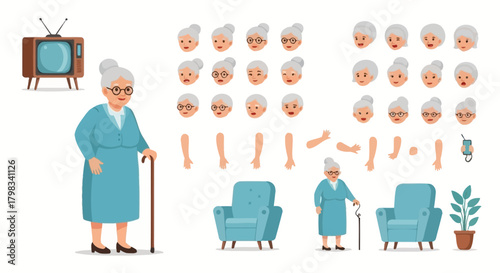 Illustration of a senior woman character with different facial expressions and objects