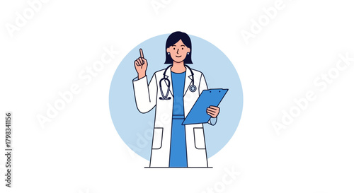 Friendly female doctor with stethoscope holding clipboard raising her finger in instruction gesture