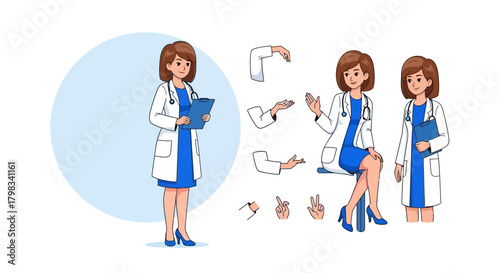 Cartoon female doctor in uniform holding clipboard, diverse poses and gestures