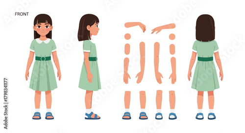 Cute Girl Cartoon Character in Different Views with Detachable Body Parts