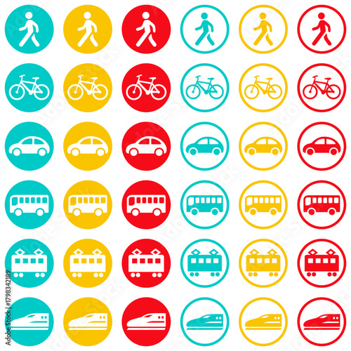 交通機関・移動手段の丸いスタンプ型アイコン 3色の信号カラー2種類セット