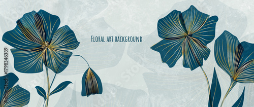Abstract floral art background featuring blue flowers and leaves with gold line elements. A botanical banner with a bouquet is perfect for decor, prints, packaging, posters, and interiors.