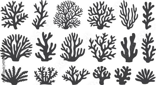 Black coral silhouette vector set featuring diverse marine reef shapes for ocean design, underwater themes, and nature-inspired illustrations
