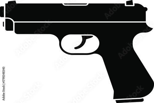 Black handgun silhouette vector illustration showing modern pistol side view design for law enforcement, military, security, and weapon-related concepts.