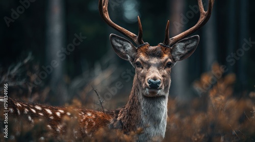 Majestic fallow deer portrait in the forest with its impressive antlers