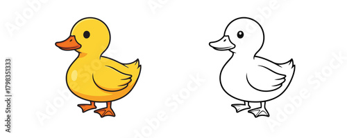 Cute fluffy yellow duckling with an orange beak and webbed feet, presented both in color and as a black and white outline on a white background