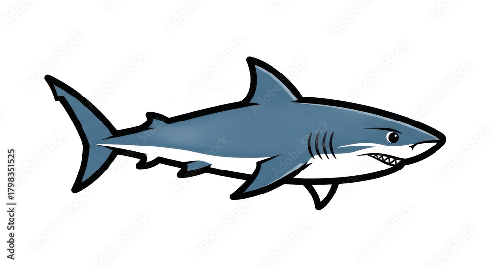 Fototapeta premium Cartoon shark illustration with outline and blue and white colors vector