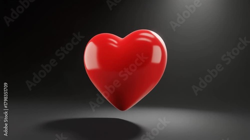 A glossy red heart emoji with glossy finish rotates gracefully in a spotlight against a dark background, symbolizing love.