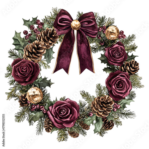 Watercolor Elegant Burgundy Christmas Wreath with Roses, Pinecones, and Velvet Bow Vector Illustration
