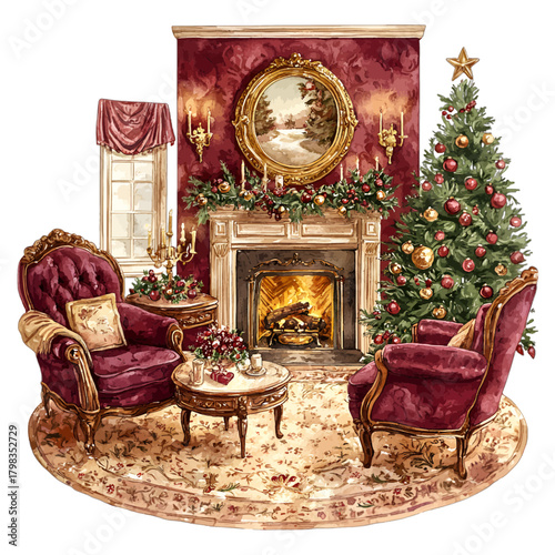 Watercolor Vintage Christmas Living Room with Fireplace and Decorated Tree Vector Illustration
