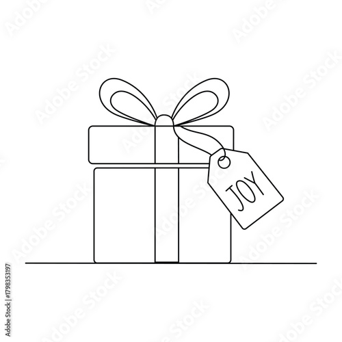 Christmas Gift Box with Tag  Line drawing. Line art. Illustration